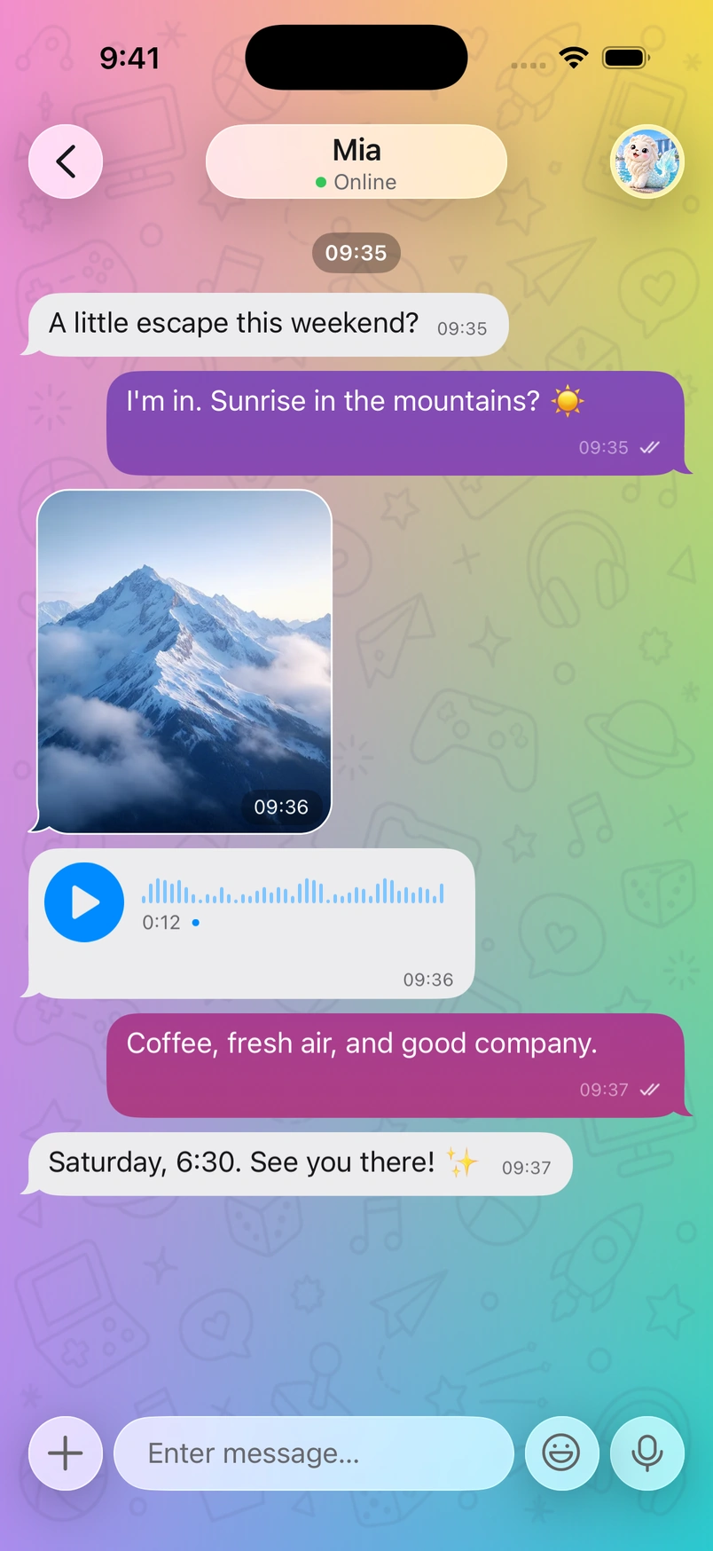 Astra Chat native conversation with fictional contacts and messages