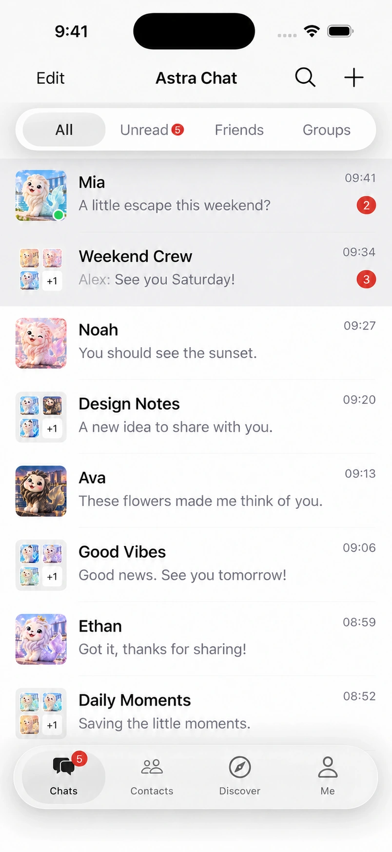 Astra Chat native inbox with fictional contacts and messages