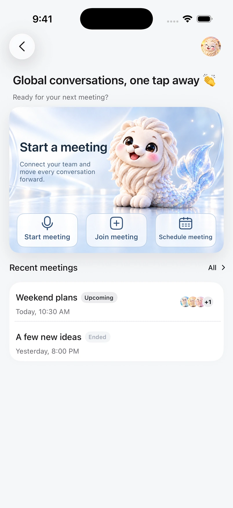 Astra Chat native meetings screen with fictional meeting details