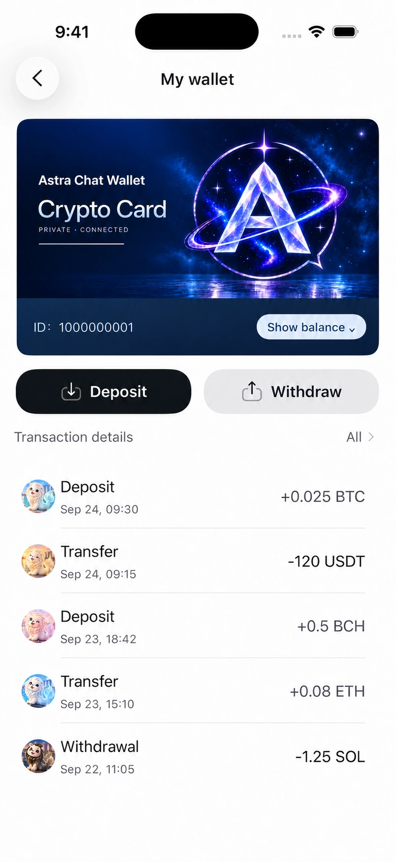 Astra Chat native wallet with fictional BTC, USDT, BCH, ETH, and SOL transactions